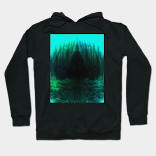 Special processing. Trail to the dark forest, where monster live. Aqua. Light borders. Hoodie